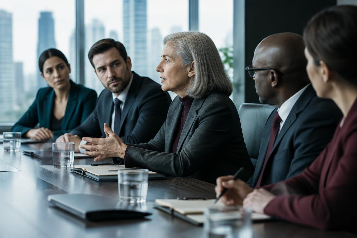 A senior woman leader speaks calmly at a boardroom table