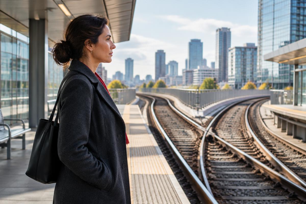 A professional woman stands near two diverging rail lines