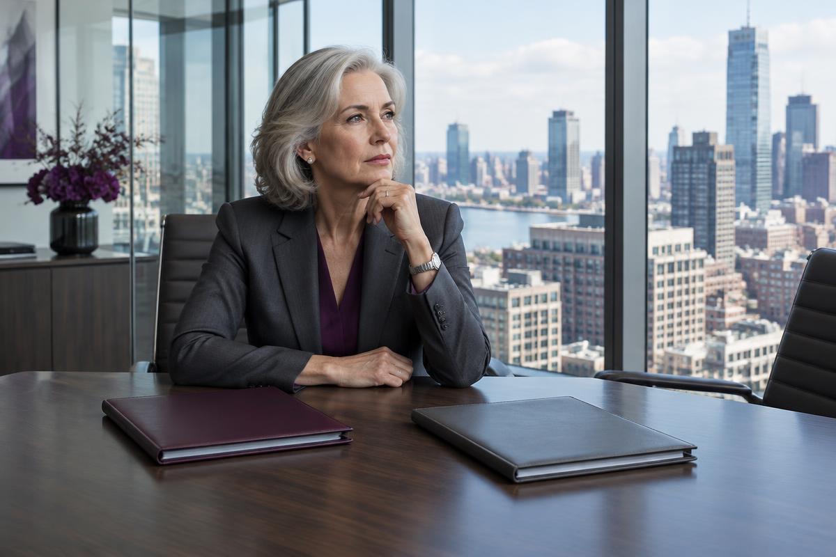 A senior attorney considers two files in a city meeting room