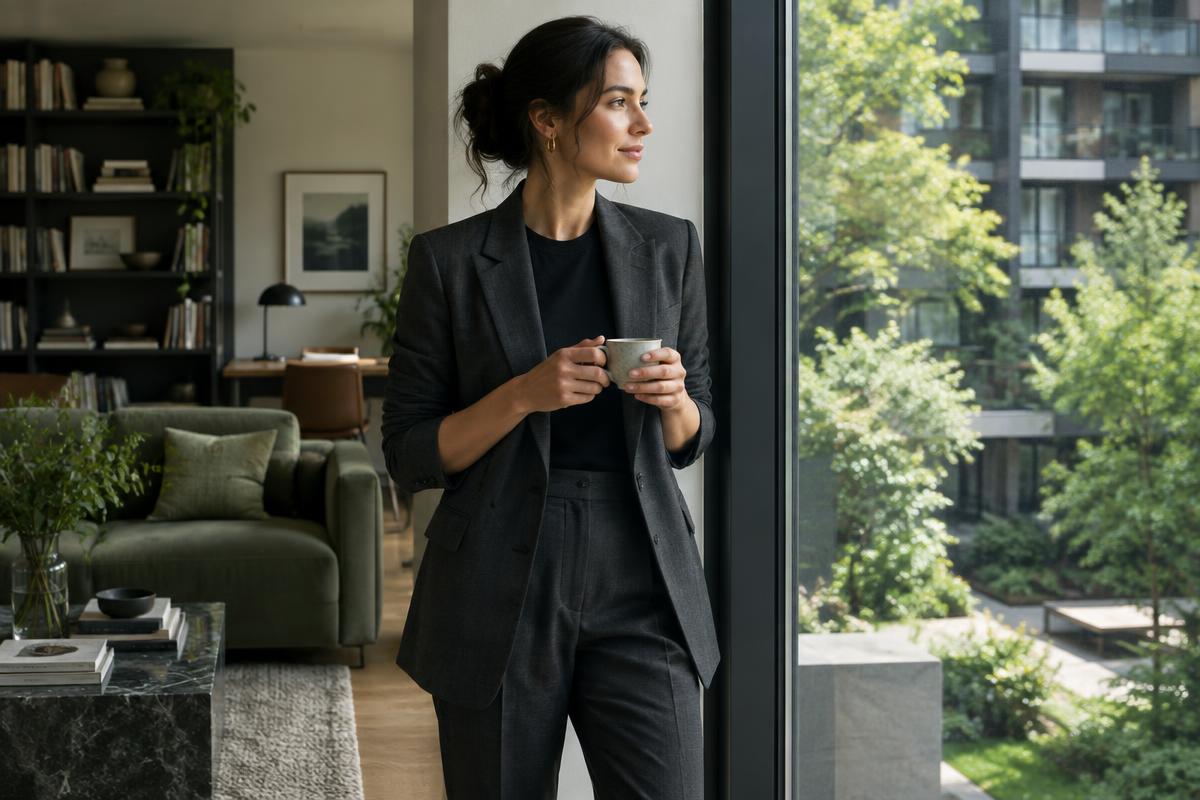 A professional woman reflects beside a window overlooking a garden
