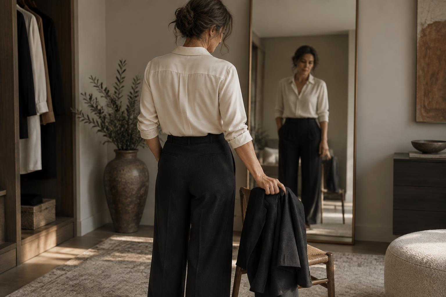 A woman sets aside her blazer and pauses before a mirror at home