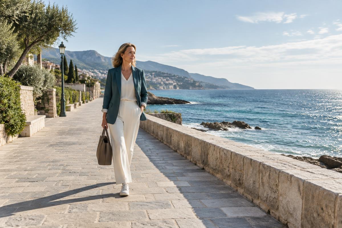 A woman walks along a sunlit coastal promenade