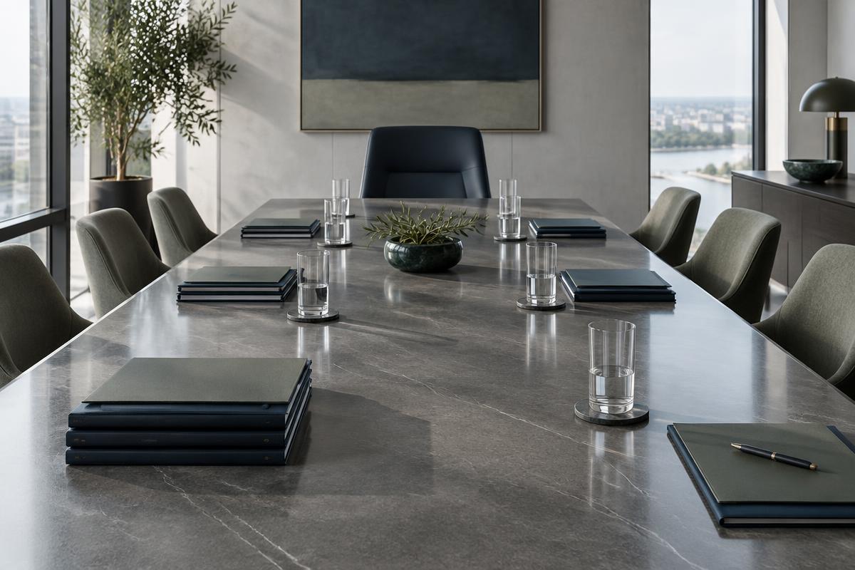 A conference table prepared with folders and empty chairs