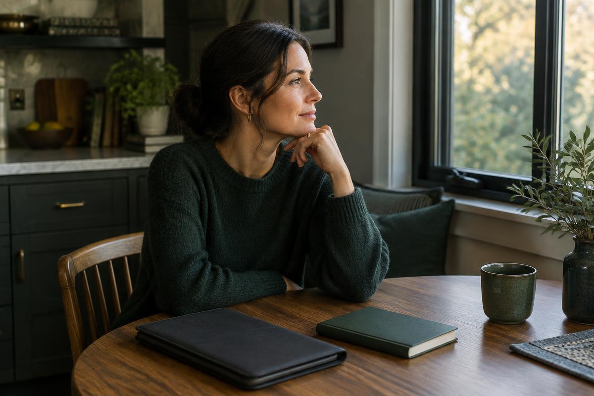 A woman reflects at a kitchen table before the workday