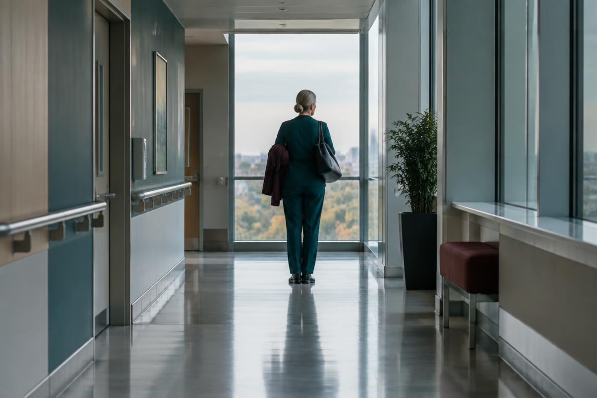 A woman pauses at the end of a quiet hospital corridor