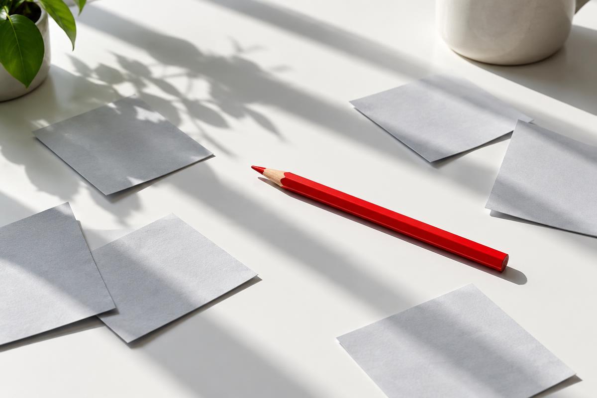 One red pencil stands out among pale notes on a sunlit desk